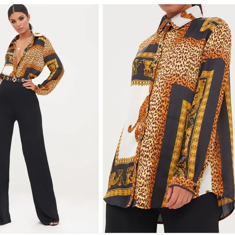 PrettyLittleThings Black Leopard Print Satin Oversized Shirt Size XS